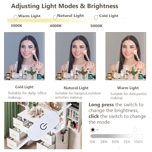 FURNJOYLIFE White Makeup Vanity Desk with Lighted Mirror & Power Outlet,3 Color Modes, Brightness Adjustable,Vanity Table with Drawer,Sliding 2 Storage Wall-Mounted Jewelry,4 Shelves for Bedroom FURNJOYLIFE