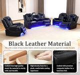 SITYRUBE Power Leather Recliner Sofa Set with LED Lights, Power Reclining Couch Set，Leather Living Room Sofa 3 Pieces with Coffee Table/Cup Holder for House/Home Theater(Black,6 Seater)