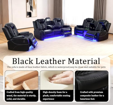 SITYRUBE Power Leather Recliner Sofa Set with LED Lights, Power Reclining Couch Set，Leather Living Room Sofa 3 Pieces with Coffee Table/Cup Holder for House/Home Theater(Black,6 Seater) SITYRUBE