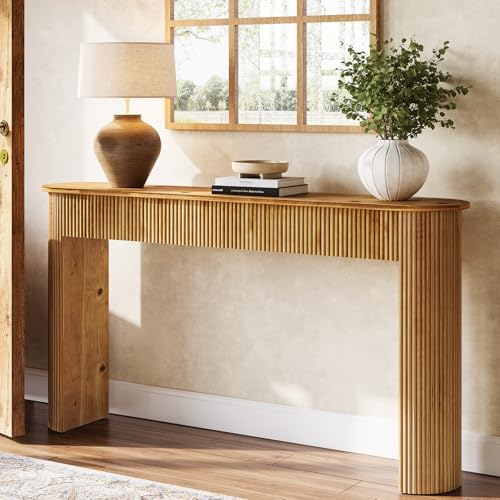 TRIBEWOOD Solid Wood Console Table, 63" Long Retro Entryway Table with Vertical Fluted Stripes and Wide Solid Wood Legs, for Living Room, Hallway, Behind Sofa, Next to Entrance TRIBEWOOD