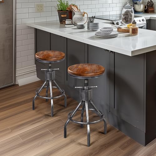 LOKKHAN Set of 2 Industrial Bar Stool-Vintage Adjustable Round Wood Metal Swivel Bar Stool-Cast Iron-23-30 Inch Tall Counter Bar Height Farmhouse Kitchen Stools LOKKHAN