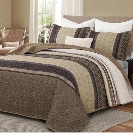 Dinjoy Queen Quilt Set Taupe, Striped Bedspread Queen Size Brown Bedding Sets 3 Pieces Micofiber Lightweight Quilts with 2 Pillow Shams Coverlet Bed Sets for Women Men 96''x90'' Dinjoy