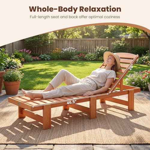 Tangkula Lounge Chair Outdoor, Solid Wood Patio Chaise Lounge with 5-Level Adjustable Backrest, Wooden Slatted Beach Pool Sunbathing Recliner for Outside Backyard, 500 LBS Max Load (1,Natural)