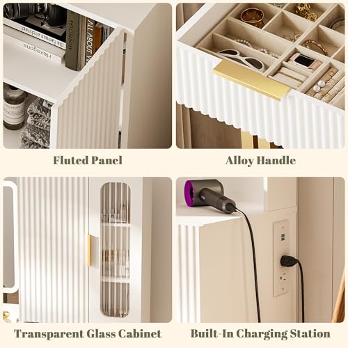 45" Modern Makeup Vanity Desk with Mirror and Lights, Makeup Vanity with 5 Shelves& 2 Drawers and Cabinet, Vanity Table with Power Outlet, 3 Color Adjustable Lighting Dressing Table Set for Bedroom astimey