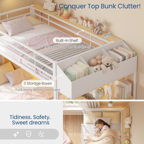 Twin Over Twin Bunk Bed with 6 Storage Drawers & 3 Boxes, Dual Side Shelves, Twin Bunk Beds for Kids with LED Lights and Charging Station, Heavy Duty Metal Bunk Bed with Safety Guardrail and Ladder mojiasion