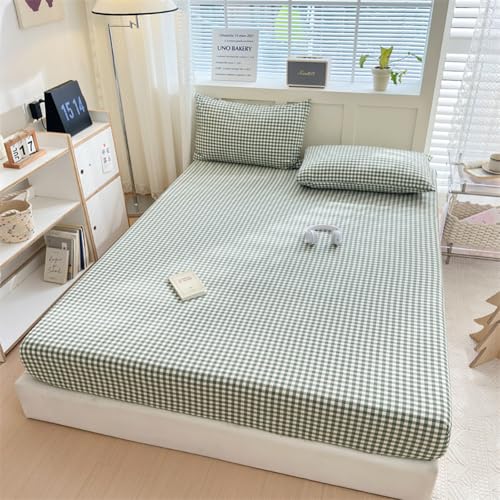 LifeTB Green Gingham Fitted Sheet King 1 Piece Plaid Bedding Sheet Soft 100% Washed Cotton Grid Single Bottom Sheet Green Gingham Bed Sheet Cotton Mattress Cover 15" Deep Pocket Farmhouse Grid Sheet LifeTB