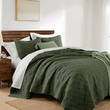 WDCOZY 100% Cotton Queen Size Quilt Set - Olive Green Pre-Washed Soft Lightweight Modern Bedspread, Farmhouse Country Rustic Coverlet, Textured Like Linen, Shabby Chic Gauze Bedding, 3 Pieces WDCOZY