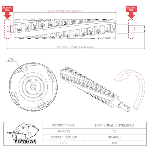 ELEPHAS- 15" planer woodworking spiral cutterhead 15 inch 4 rows 52 inserts - WoodArtSupply