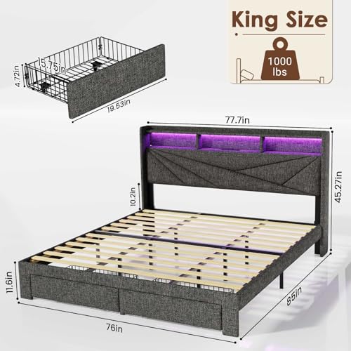 Driftalia LED King Size Bed Frame with 2 Storage Drawers, Upholstered King Bed Frame with Headboard and Charging Station, No Box Spring Needed, Easy to Assembly-Dark Grey - WoodArtSupply