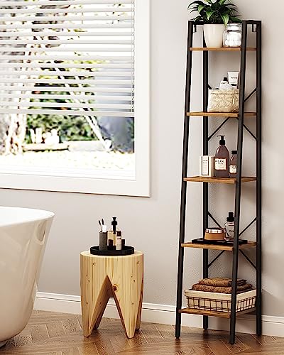 Hzuaneri 5-Tier Industrial Ladder Shelf in Rustic Brown with Hooks for Versatile Home Storage Hzuaneri