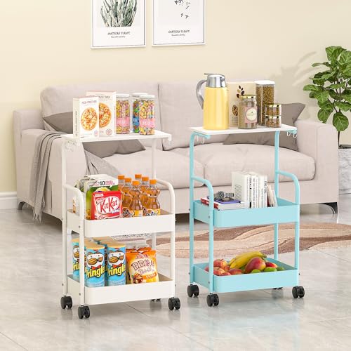 VECELO 3-Tier Steel Utility Rolling Cart, with Breathable Mesh Baskets, 360°Lockable Wheels, 4 Hooks, Top Board,for Kitchen/Bathroom/Under Table Storage, Instagram Blue - WoodArtSupply