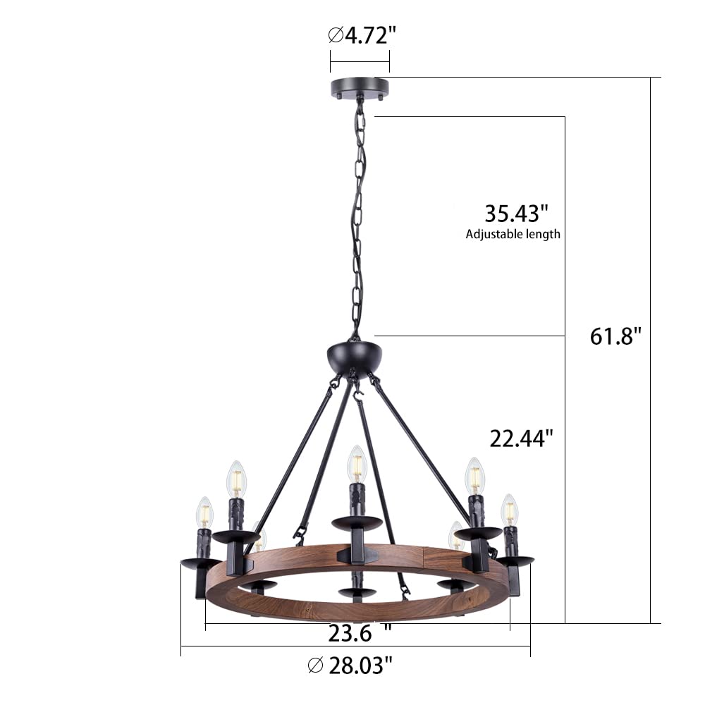 Wellmet 8 Lights Farmhouse Iron Chandeliers for Dining Rooms 28 inch, Wagon Wheel Chandelier Candle Style, Rustic Hanging Ceiling Light Fixture Bedroom Living Room Foyer Hallway, Faux Wood Finish