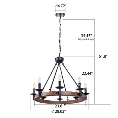 Wellmet 8 Lights Farmhouse Iron Chandeliers for Dining Rooms 28 inch, Wagon Wheel Chandelier Candle Style, Rustic Hanging Ceiling Light Fixture Bedroom Living Room Foyer Hallway, Faux Wood Finish