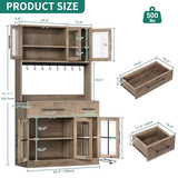 YITAHOME 71" Farmhouse Kitchen Pantry Storage Cabinet with Power Outlet, Freestanding Glass Door Display Pantry Hutch with Microwave Stand & Adjustable Shelves & Large Countertop for Home, Lvory Grey YITAHOME