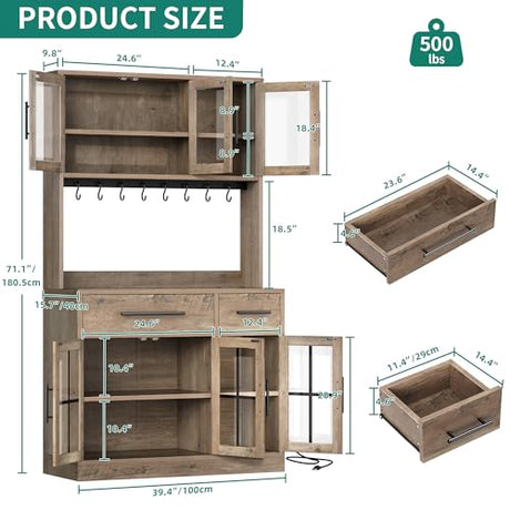 YITAHOME 71" Farmhouse Kitchen Pantry Storage Cabinet with Power Outlet, Freestanding Glass Door Display Pantry Hutch with Microwave Stand & Adjustable Shelves & Large Countertop for Home, Lvory Grey YITAHOME