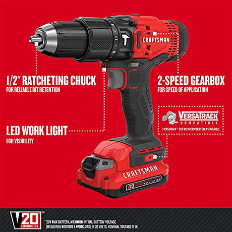 CRAFTSMAN V20 Cordless Hammer Drill Kit, 1/2 inch, 2 Batteries and Charger Included (CMCD711C2) CRAFTSMAN