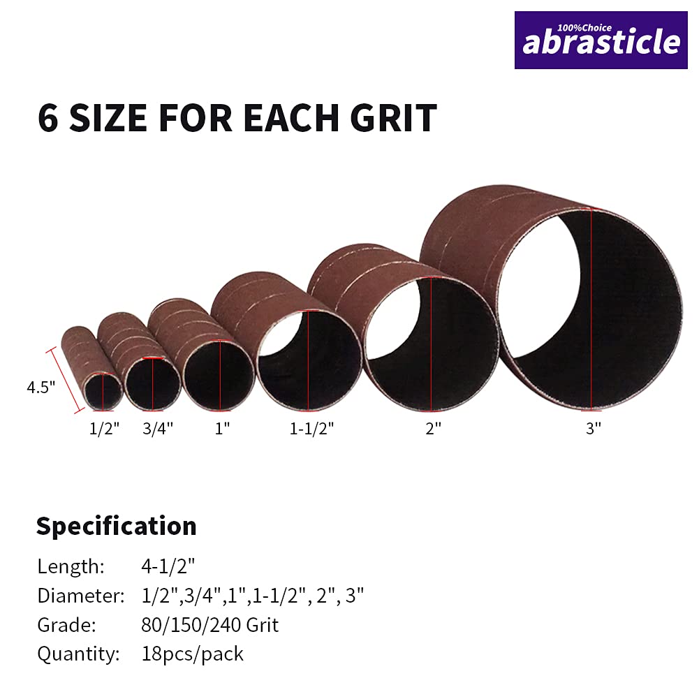 18 Pack Spindle Sander Sleeves, Sanding Sleeves for Oscillating Sander, 80 150 240 Assorted Grit Sandpaper, 4-1/2" Length, 1/2",3/4",1",1-1/2", 2", abrasticle