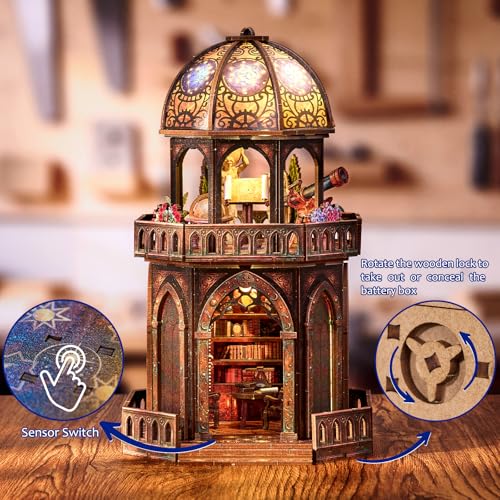 TOYQI Book Nook Mini House Kit, DIY Miniature Dollhouse Booknook for Adults, 3D Wooden Puzzle Bookend Bookshelf Insert Decor, Tiny Stargazing Tower Observatory, Gift for Family and Friends
