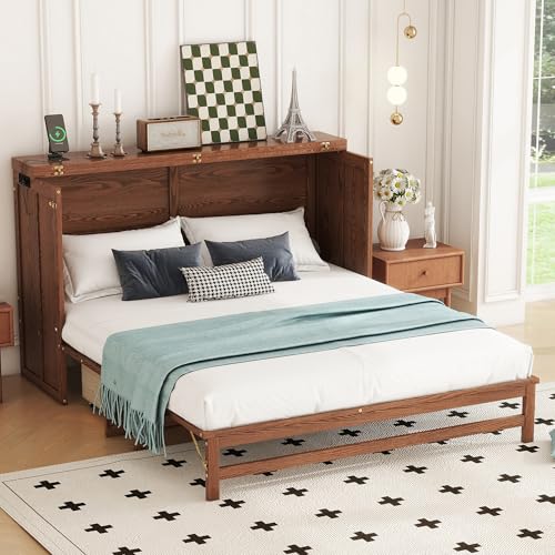Ball & Cast Murphy Bed Queen W/Storage Drawer,Cabinet Bed W/ 2 2 USB Port & Power Outlets,Wall Bed Frame for Home Office,Apartment,Guest Room,Walnut Ball & Cast