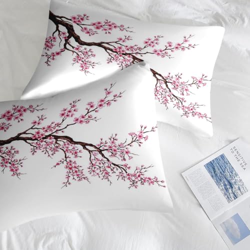 Pamnest Comforter Set King Size, Japanese Cherry Blossom 7 Pcs Bedding for Kids and Adults, Flower Painting Pink Bed Sheet Sets with Fitted Sheet 2 Pillowcase & 2 Sham for Bedroom Bed Decor Pamnest