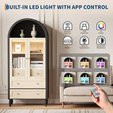 Curtainboro 70in Tall Arched Pantry Cabinet, Wooden Kitchen Bookcase Storage Cabinet with LED Light 3 Drawers Adjustable Shelves Glass Door for Kitchen Living Dining Room, Oak & Black Curtainboro