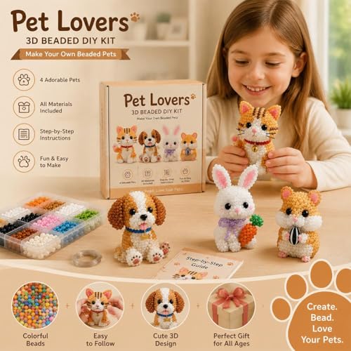 Wmool Tiny 3D Beaded Animal DIY Kit, Easy DIY Beading Embroidery Kit with 4 Cute Designs, 3D Animal Themed Beadwork Kit for Beginners & Craft Enthusiasts, with Instructions