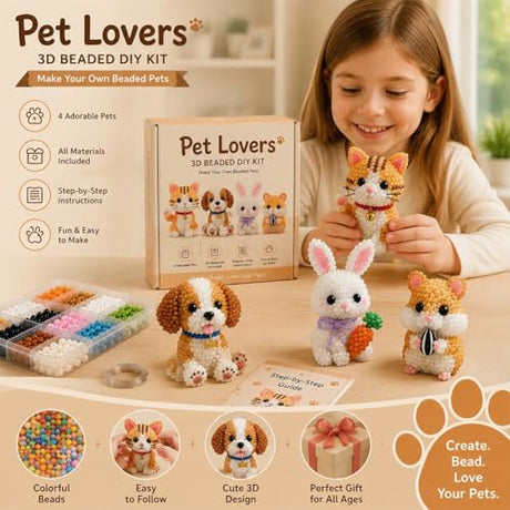 Wmool Tiny 3D Beaded Animal DIY Kit, Easy DIY Beading Embroidery Kit with 4 Cute Designs, 3D Animal Themed Beadwork Kit for Beginners & Craft Enthusiasts, with Instructions Wmool