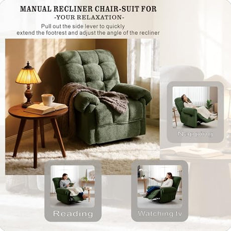 Rocker Recliner Chair, Manual High Back Glider Recliner Nursery Chair with Padded Footrest, Ergonomic Overstuffed Lounge Armchair, Comfy Reading Accent Chairs for Living Room, Bedroom, Nursery, Green Duigonp