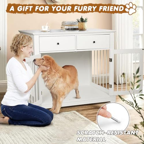 PUKAMI 44inch Large Dog Crate Furniture with Drawers, Wooden Dog Kennel Furniture for Indoor use, White End Table Dog House, for Small/Medium/Large Dog PUKAMI