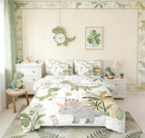Feelyou Kids Cute Dinosaur 7 Piece Bedding Set Twin Size Cartoon Green Dinosaur Comforter Set with Sheets for Boys Girls Teens Cute Animal Bed in a Bag Coconut Plant Bed Set Feelyou