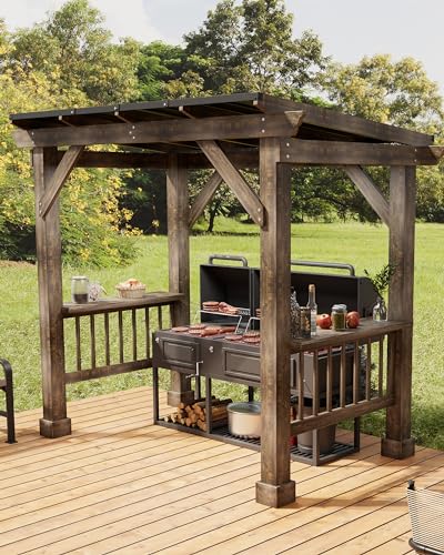 GarveeLife Wooden Grill Pergolas, 8.5 x 5.5ft Barbecue Pergolas Canopy with Insulated Sloping Steel Roof - Ideal for BBQ, Patio, Deck, and All-Weather Cooking in Your Outdoor Space