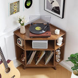 MAHYIZYI Corner Record Player Stand with Charging Station & USB Ports, 3 Tier Mid Century Modern Vinyl Record Storage Cabinet, Wood Turntable Stand for Music Room, Living Room, Small Space (Walnut) MAHYIZYI