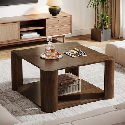 Tribesigns Modern Square Coffee Table, 33.85-Inch Coffee Table with 2-Tier Shelves, Accent Center Table for Living Room, Lounge, Dark Walnut - WoodArtSupply