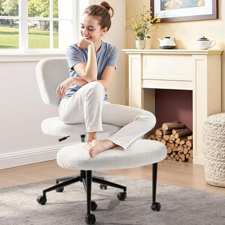 Waleaf Ergonomic Cross Legged Office Chair, ADHD Chair for Adults, Height Adjustable Meditation Chair with Wheels, Teddy Fabric Yoga Kneeling Chairs with Comfortable Back Support (White) Waleaf