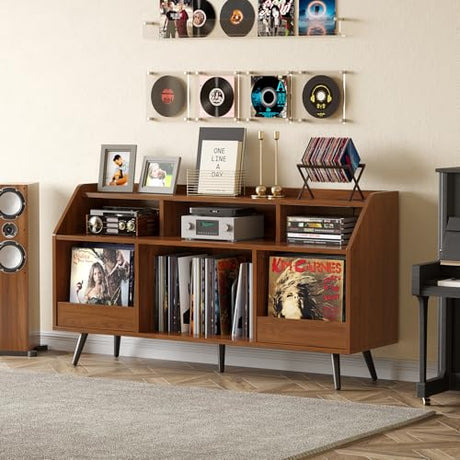 55 Inch Record Player Stand with LED Light, Modern Vinyl Record Storage Cabinet with 2 Drawers & Open Shelves, Holds up to 500 Albums, Turntable Stand w/Charging Station for Living Room Bedroom Walnut ONBRILL