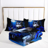 Tuzaovy Wolf Bedding Set King Size,Blue Rose King Size Comforter Set,King Size Wolf Comforter Bed Set,King Quilt Bedding Set Rose,Wolf Bedding Set King Size Animal Print Comforter Set Tuzaovy