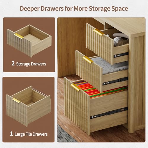 FREDEES LED Study Desk with Hutch, Home Office Desk with Charging Station & Storage Drawer, 70'H Writing Table with Glass Display Cabinet, 3 Color Light Computer Desks for Study, Wood FREDEES