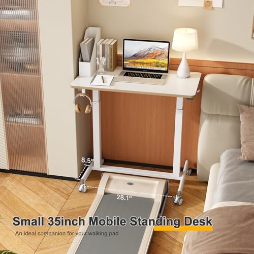 JOY worker Mobile Standing Desk, 35In Small Standing Desk, Pneumatic Height Adjustable Rolling Table Holds Up to 33lbs, White Mobile Laptop Workstation with Dual Handles & Columns, White JOY worker