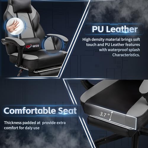 DL-win Gaming Chairs for Adults, Computer Chair with Footrest and High Back, Big and Tall Gamer Chair's with Massage Lumbar Support, 360° Swivel Height Adjustable Gaming Chair, Grey DL-win