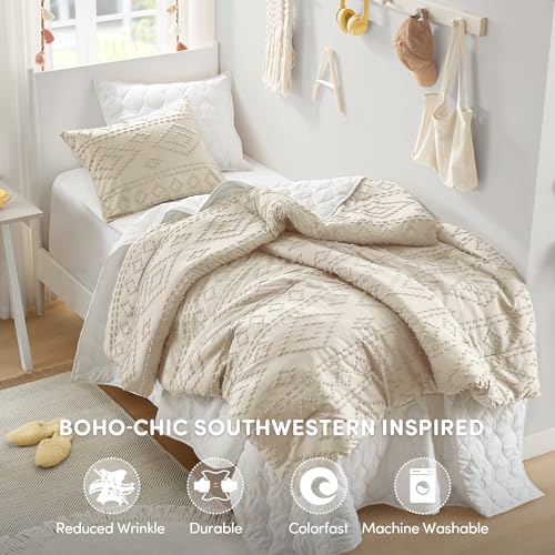 Comfort Spaces Twin/Twin XL Comforter Set for College Tufted Boho Dorm Comforter Set Twin XL Size, All Season Lightweight Bedding Set Soft, Matching Sham Beige 2 Piece Comfort Spaces