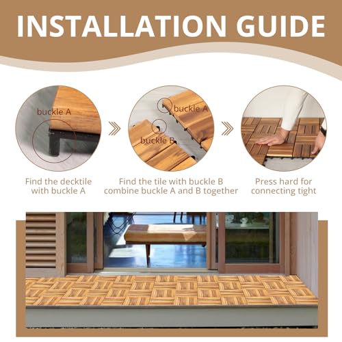 Interlocking Deck Tiles 12x12, Six Slats Waterproof Solid Wood Patio Tiles Flooring Tiles for Indoor and Outdoor Balcony Porch Backyard Garden Poolside All-Weather Use (1 Pack 10 Pieces) - WoodArtSupply