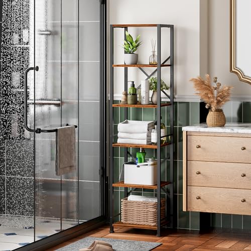 Furologee 6-Tier Rustic Brown Industrial Bookshelf - Narrow Metal and Wood Storage Unit for Home and Office Furologee