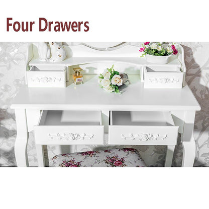 Vanity Table Set, 4 Drawers Makeup Table with Oval Mirror & Stool, Bedroom Wood Dressing Table White - WoodArtSupply