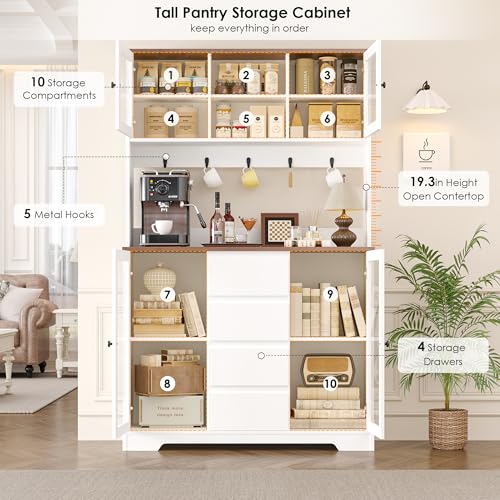 HIFIT 71" Tall Kitchen Pantry Cabinet, Kitchen Hutch Coffee Bar with 4 Drawers & 5 Metal Hooks & 4 Doors & Microwave Stand, Hutch Cabinet for Living Room, Dining Room, White Pantry HIFIT