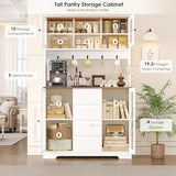 HIFIT 71" Tall Kitchen Pantry Cabinet, Kitchen Hutch Coffee Bar with 4 Drawers & 5 Metal Hooks & 4 Doors & Microwave Stand, Hutch Cabinet for Living Room, Dining Room, White Pantry HIFIT