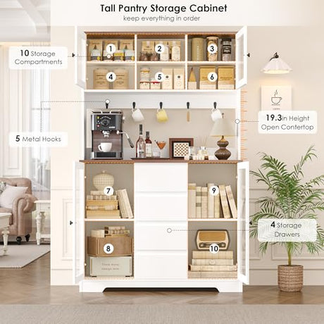 HIFIT 71" Tall Kitchen Pantry Cabinet, Kitchen Hutch Coffee Bar with 4 Drawers & 5 Metal Hooks & 4 Doors & Microwave Stand, Hutch Cabinet for Living Room, Dining Room, White Pantry HIFIT