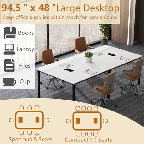 Nightcore Rectangle Conference Table for 10, 8 ft Large Seminar Table with 2 Cable Grommets, Modern Industrial Office Computer Desk with Metal Legs for Boardroom, Meeting Room, White Goplus
