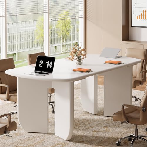Tribesigns 5ft Conference Table for 4-6 People, 63" Large Meeting Table with Rounded Edges & Curved Base, Rectangle Conference Room Table, Modern Minimalist Workstation for Office, White Tribesigns