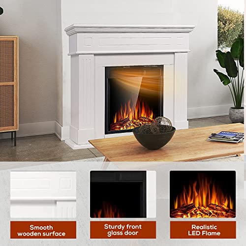 R.W.FLAME 43” Electric Fireplace Mantel Wooden Surround Firebox, TV Stand with Freestanding Electric Fireplace, Remote Control, Adjustable Led Flame, 750W/1500W Pearl White