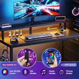DUMOS L Shaped Gaming Desk with Shelves Storage Drawers 52'', Black Computer Desks with LED Lights Power Outlets, Office Wood Table with PC Stand Cable Management for Bedroom Dual Monitor Streaming DUMOS